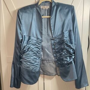Kay Unger Steel Blue Satin Ruched Open-Front Blazer